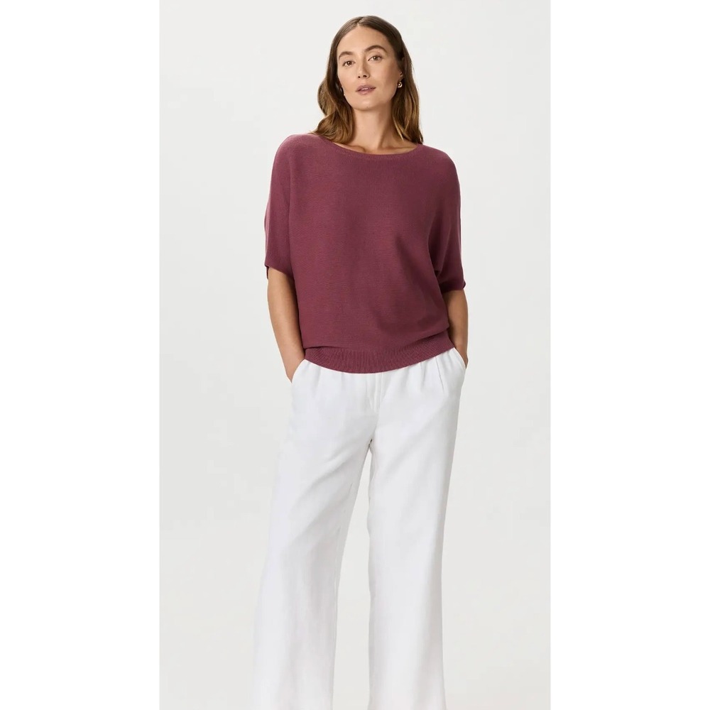 Quince Lightweight Cotton Cashmere Link-Stitch Dolman Sweater Crushed Berry M